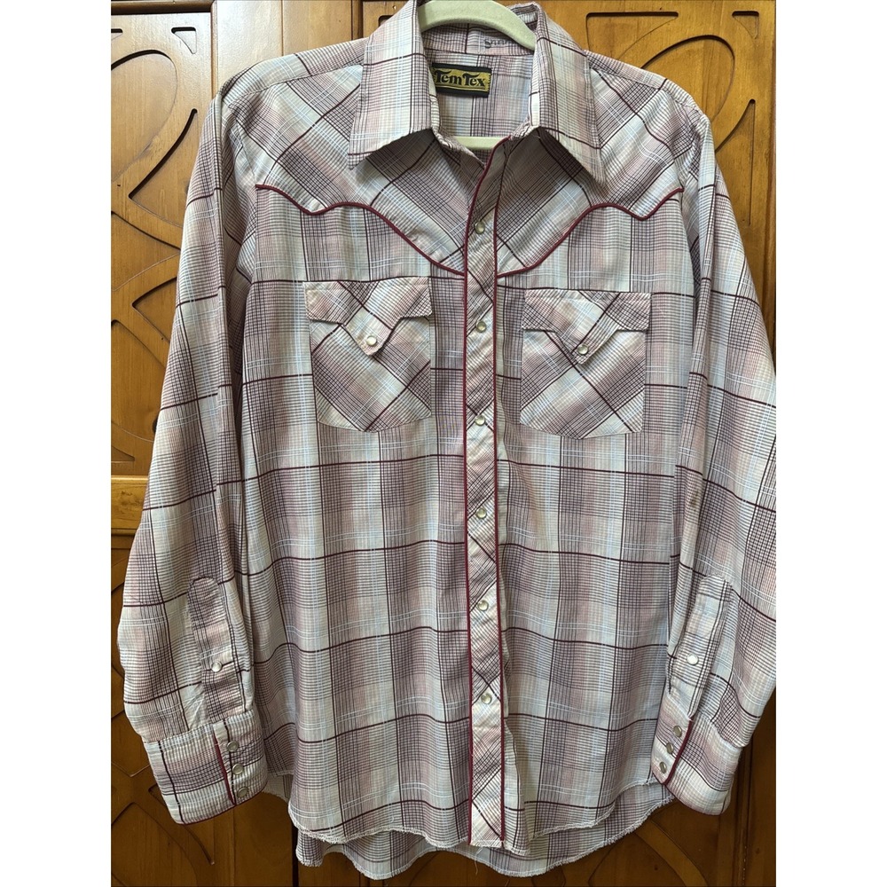 VTG TemTex‎ Plaid Western Shirt Size Large Pearl Snap Button Up Long Sleeve Flaw